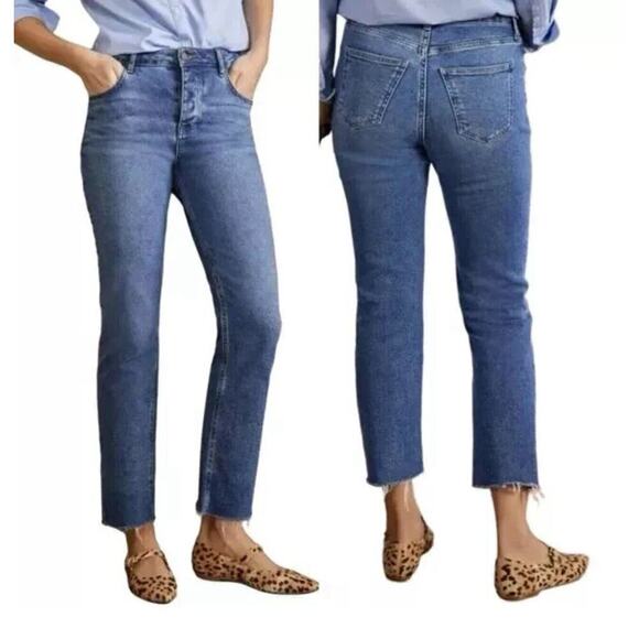 Boden High Rise Button Relaxed Stretch Straight Jeans Ankle Raw Hem Sz 6 Petite - Picture 1 of 9